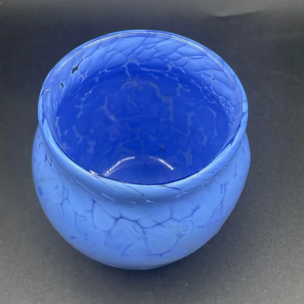 Vintage Blue Mottled Art Glass Tumbler Vase Set Hand Blown Rough Pontil Mark MCM